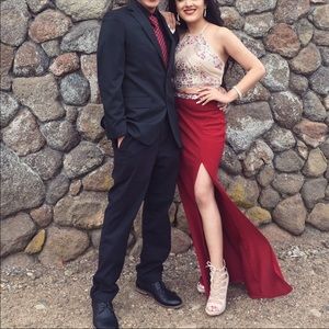 Burgundy Gem 2 Piece Prom Dress w/ Slit on Left